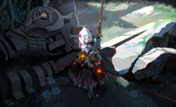 1girl aiming arm_guards armor armored_boots arrow_(projectile) arrow_in_body back_cutout bleeding blood blood_from_mouth blood_in_hair blood_on_clothes blood_on_face blue_flower blunt_bangs boobplate boots breastplate broken broken_arrow chromatic_aberration claymore_(sword) clothing_cutout combat_maid commentary dated day dress fighting_stance flower gauntlets genshin_impact glowing grass greatsword greaves green_eyes hair_flower hair_ornament hands_up headdress highres holding holding_sword holding_weapon impaled injury laser laser_pointer laser_pointer_projection layered_skirt moss neck_ribbon noelle_(genshin_impact) nosebleed one_eye_closed outdoors pauldrons ribbon rock rose runes sash shadow short_hair shoulder_armor sidelocks signature skirt solo standing sword ttt_(5274293) two-handed weapon white_hair