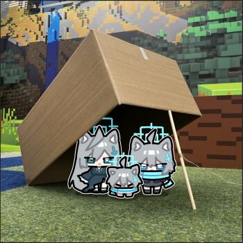 ahoge animal_ears blue_archive blue_halo blue_scarf chibi closed_eyes commentary dress grey_hair hair_between_eyes hair_ornament halo highres ishikoro24 looking_at_viewer minecraft scarf shiroko_(blue_archive) shiroko_(young)_(blue_archive) shiroko_terror_(blue_archive) standing untranslatable_commentary wolf_ears wolf_girl