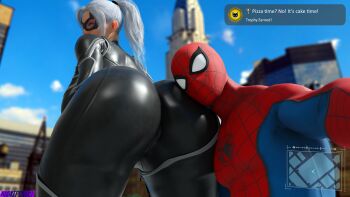 1boy 1girl 3d absurdres ass black_cat_(marvel) blue_sky bodysuit building camera day drakepowers face_in_ass felicia_hardy from_behind highres looking_at_viewer marvel mask peter_parker sky spider-man spider-man_(series) thigh_gap thighs white_hair