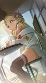 1girl absurdres bindi black_thighhighs brown_hair child coat drink dutch_angle earrings green_eyes heaven_burns_red higashigure highres holding holding_drink jewelry long_hair long_sleeves parted_bangs second-party_source sitting solo thighhighs triangle_earrings upper_body very_long_hair vritika_balakrishnan white_coat