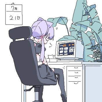 1girl animal_ear_hairband animal_ears black_skirt black_thighhighs calendar_(object) cat_ear_hairband cat_ears chair closed_eyes commentary computer dated_commentary desk fake_animal_ears female_focus female_masturbation from_behind hair_ribbon hairband indoors jaggy_lines lokulo-chan_(lokulo_no_mawashimono) lokulo_no_mawashimono loli long_hair low_twintails lowres masturbation masturbation_day office_chair on_chair open_mouth original plant pornhub profile puff_of_air purple_hair red_ribbon ribbon shrug_(clothing) sigh sitting skirt solo swivel_chair thighhighs tissue_box topless_female twintails