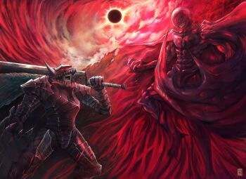 2boys absurdres animal_helmet armor berserk berserker_armor black_armor cape clawed_gauntlets cloud cloudy_sky cuirass dragonslayer_(sword) eclipse femto_(berserk) floating gauntlets greatsword greaves griffith_(berserk) guts_(berserk) helmet highres looking_at_another male_focus multiple_boys open_mouth over_shoulder pauldrons shoulder_armor shouting sky solar_eclipse sword torn_cape torn_clothes uchi_vs_the_world watermark weapon weapon_over_shoulder