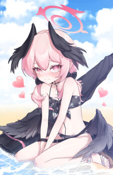 1girl beach between_legs bikini black_bikini black_wings blue_archive blue_sky blush charachan900 closed_mouth cloud commentary day double-parted_bangs feathered_wings floral_print floral_print_bikini halo hand_between_legs head_wings heart heart-shaped_pupils highres koharu_(blue_archive) koharu_(swimsuit)_(blue_archive) long_hair looking_at_viewer low_wings mini_wings outdoors pink_eyes pink_hair pink_halo print_bikini sandals sitting sky solo swimsuit symbol-only_commentary symbol-shaped_pupils wariza water wings