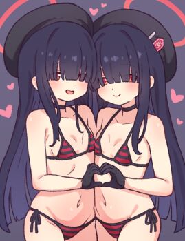 2girls alternate_costume bare_shoulders beret bikini black_bikini black_choker black_gloves black_hair black_hat blue_archive blunt_bangs choker closed_mouth collarbone commentary flat_chest gloves hair_over_eyes halo hat heart heart_hands heart_hands_duo justice_task_force_member_(blue_archive) loli looking_at_viewer multicolored_bikini multiple_girls navel onyhakase open_mouth red_bikini red_halo smile stomach striped_bikini striped_clothes swimsuit two-tone_bikini