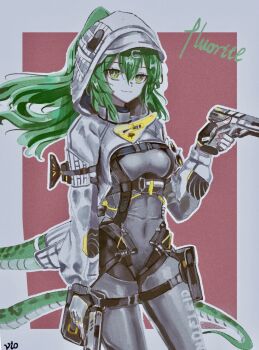 Rule 34 | 1girl, arknights, arknights: endfield, black bodysuit, bodysuit, border, breasts, character name, closed mouth, commentary request, covered navel, crocodilian tail, dual wielding, fingerless gloves, fluorite (arknights), gloves, green eyes, green hair, grey border, grey gloves, gun, hair between eyes, handgun, highres, holding, holding gun, holding weapon, hood, hood up, long hair, long sleeves, looking at viewer, medium breasts, nail polish, pink nails, puffy long sleeves, puffy sleeves, red background, shrug (clothing), smile, solo, tail, violetstone, weapon