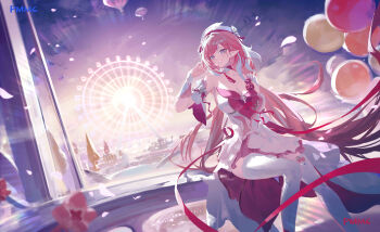 1girl absurdres amusement_park artist_name balloon breasts cleavage diamond-shaped_pupils diamond_(shape) dress elf elysia_(hi_love_elf)_(honkai_impact) elysia_(honkai_impact) ferris_wheel highres honkai_(series) honkai_impact_3rd large_breasts long_hair multicolored_hair night night_sky pink_hair pmmg pointy_ears purple_eyes red_dress sitting sky smile solo symbol-shaped_pupils thighhighs two-tone_dress two-tone_hair very_long_hair weibo_username white_dress white_hair white_thighhighs