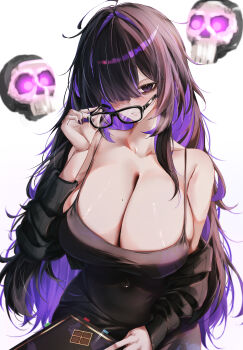 1girl absurdres ahoge armpit_crease bare_shoulders black-framed_eyewear black_cardigan black_dress black_hair black_nails blurry blurry_background blush book book_on_lap breasts cardigan cleavage collarbone colored_inner_hair commentary covered_navel cowboy_shot dress english_commentary fingernails floating_skull glasses glint goddess_of_victory:_nikke grin hair_over_one_eye hand_on_lap hand_up heavy_breathing highres holding holding_book holding_removed_eyewear huge_breasts invisible_chair label_(nikke) long_hair long_sleeves looking_at_viewer mixed-language_commentary mole mole_on_breast multicolored_hair nail_polish off_shoulder omaigoodgoodeat one_eye_covered open_cardigan open_clothes parted_lips purple_eyes purple_hair removing_eyewear simple_background sitting skindentation sleeveless sleeveless_dress sleeves_past_wrists smile solo spaghetti_strap two-tone_hair unworn_eyewear very_long_hair white_background