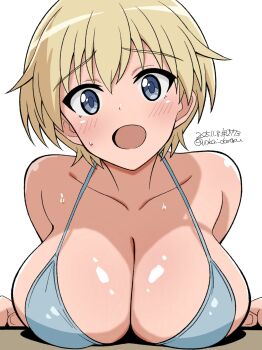 1girl absurdres blonde_hair blue_bra blue_eyes blush bra brave_witches breasts collarbone highres large_breasts looking_at_viewer nikka_edvardine_katajainen open_mouth short_hair simple_background solo sweat table underwear unkai_daraku white_background world_witches_series