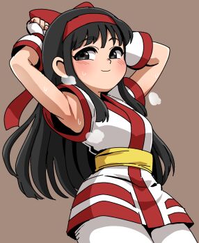 Rule 34 | 1girl, ainu clothes, armpits, arms behind head, black hair, breasts, grey eyes, hair ribbon, highres, legs, long hair, looking at viewer, medium breasts, nakoruru, pants, ribbon, samurai spirits, smell, smile, snk, solo, sweat, the king of fighters, thighs, yuuya (blue scarab)