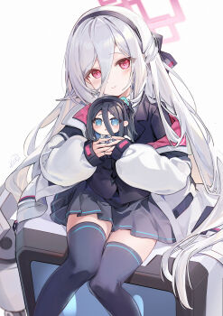 1girl absurdres aris_(blue_archive) black_hairband black_thighhighs blue_archive character_doll commentary doll hair_between_eyes hairband halo highres jacket kei_(blue_archive) kei_(new_body)_(blue_archive) kita_(kitairoha) long_hair sitting skirt solo thighhighs