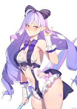 1girl ahoge arched_back arm_at_side artist_name bare_shoulders black_bow black_nails black_one-piece_swimsuit blush bow bowtie breasts casual_one-piece_swimsuit cleavage_cutout closed_umbrella clothing_cutout commentary cowboy_shot cross-laced_clothes cross-laced_cutout detached_sleeves fingernails floral_print frilled_one-piece_swimsuit frilled_sleeves frills hair_between_eyes hair_bow hand_up heart_cutout highres holding holding_own_hair holding_umbrella long_hair looking_at_viewer medium_breasts mole mole_under_eye multicolored_hair nail_polish official_alternate_costume one-piece_swimsuit onshigou parasol pointy_ears purple_bow purple_bowtie purple_hair raised_eyebrows red_eyes see-through_clothes see-through_one-piece_swimsuit short_sleeves side_cutout sideboob simple_background solo standing stomach_cutout streaked_hair striped_bow swimsuit two-tone_one-piece_swimsuit umbrella very_long_hair vivian_banshee vivian_banshee_(iris_of_the_shore) white_background white_one-piece_swimsuit white_streaks zenless_zone_zero