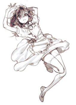 1boy absurdres apron arms_up crossdressing crossdressing_(mtf) dress grin highres long_hair looking_at_viewer maid maid_headdress male_focus male_maid original pita-potato puffy_short_sleeves puffy_sleeves shoes short_sleeves smile solo teeth thighhighs trap