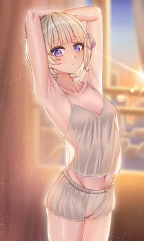 1girl absurdres alternate_costume armpit_focus armpits arms_up bare_arms blonde_hair blunt_bangs blurry blurry_background breasts camisole closed_mouth commentary day highres hololive hololive_dev_is indoors looking_at_viewer loungewear mack_(13mcqn) midriff multicolored_hair navel presenting_armpit purple_eyes purple_hair see-through_silhouette short_hair short_shorts shorts small_breasts solo streaked_hair todoroki_hajime two_side_up virtual_youtuber white_camisole white_shorts