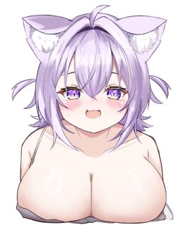 1girl :3 ahoge animal_ear_fluff animal_ears astra_5698 blush breasts camisole cat_ears cat_girl cleavage fang grey_camisole hair_between_eyes hololive huge_breasts nekomata_okayu off-shoulder open_mouth purple_eyes purple_hair short_hair skin_fang smile solo upper_body virtual_youtuber
