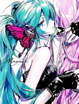 2girls absurdres aqua_hair aqua_nails bare_shoulders black_dress blue_eyes bug butterfly butterfly_hair_ornament butterfly_wings commentary dress english_commentary fingerless_gloves from_side gloves hair_between_eyes hair_ornament hanaseto hatsune_miku headphones highres hug insect insect_wings long_hair looking_at_viewer looking_to_the_side magnet_(vocaloid) megurine_luka multiple_girls nail_polish parted_lips pink_hair sidelocks song_name strapless strapless_dress twintails upper_body vocaloid wings yuri