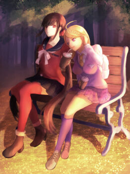 2girls ahoge akamatsu_kaede bench black_sailor_collar blonde_hair blunt_bangs bow bowtie breasts brown_hair collared_shirt commentary crest danganronpa_(series) danganronpa_v3:_killing_harmony drink drinking_straw evening fortissimo grass grey_bow grey_bowtie hair_ornament hair_scrunchie harukawa_maki holding holding_drink long_hair long_sleeves low_twintails mole mole_under_eye multiple_girls musical_note musical_note_hair_ornament musical_note_print necktie on_bench orange_necktie outdoors park_bench pink_sweater_vest pink_vest pleated_skirt red_eyes red_scrunchie red_shirt red_thighhighs sailor_collar school_uniform scrunchie sharing shirt sitting skirt sunlight sweater_vest thighhighs touko_(color-palette) twintails vest white_bag white_shirt yuri