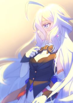 1girl absurdres ahoge black_bow black_bowtie black_vest bow bowtie breasts commentary earrings elbow_gloves gloves hair_between_eyes highres hoshi_shimeji_(yuki-e-toriusu1) huge_ahoge jewelry long_hair medium_breasts original purple_eyes solo sweater_vest very_long_hair vest white_gloves white_hair