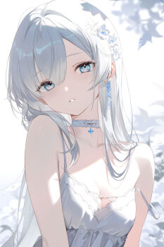 Rule 34 | 1girl, absurdres, bare shoulders, blue eyes, breasts, choker, cleavage, collarbone, earrings, highres, jewelry, long hair, looking at viewer, neiless neiro, original, parted lips, shirt, sleeveless, sleeveless shirt, small breasts, solo, spaghetti strap, upper body, white choker, white hair, white shirt