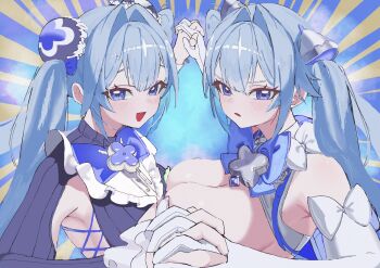 2girls armpit_cutout asymmetrical_docking barabara_49 blue_bow blue_bowtie blue_eyes blue_hair blue_shrug blush bow bowtie breast_press breasts bun_cover center-flap_bangs cleavage clothing_cutout commentary double-parted_bangs double_bun elbow_gloves gloves goddess_of_victory:_nikke gretel_(nikke) hair_bun hair_intakes hansel_(nikke) highres holding_hands interlocked_fingers large_breasts long_hair looking_at_viewer medium_breasts multiple_girls open_mouth parted_lips ribbed_shrug shrug_(clothing) siblings sisters smile twintails upper_body white_bow white_gloves