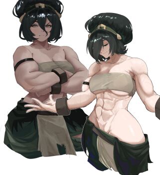1girl abs absurdres avatar:_aang_the_last_airbender avatar_legends black_hair blind blunt_bangs breasts brown_shirt cleavage closed_mouth collarbone commentary crossed_arms english_commentary green_pants grey_eyes guidelli hair_over_one_eye highres large_breasts long_hair muscular muscular_female outstretched_arms pants shirt smile spread_arms standing strapless toph_beifong tube_top white_background