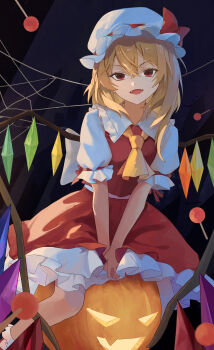 1girl absurdres ascot blonde_hair bow candy crystal crystal_wings fang flandre_scarlet food frilled_shirt_collar frills hair_between_eyes hat hat_ribbon highres jack-o&#039;-lantern lollipop looking_at_viewer mob_cap open_mouth puffy_short_sleeves puffy_sleeves red_eyes red_skirt red_vest ribbon shirt short_hair short_sleeves side_ponytail sitting skirt smile solo touhou vest white_shirt wings wrist_cuffs yellow_ascot zhao_guazi