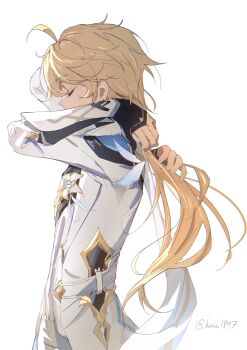 1boy absurdres aether_(as_heaven_and_earth_are_made_anew)_(genshin_impact) aether_(genshin_impact) ahoge blonde_hair closed_eyes covered_mouth genshin_impact gloves highres kana1847 long_hair long_sleeves male_focus official_alternate_costume partially_fingerless_gloves solo watermark white_background