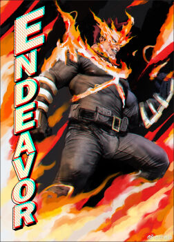 1boy bara belt blue_bodysuit blue_eyes bodysuit boku_no_hero_academia bulge character_name covered_erect_nipples cowboy_shot endeavor_(boku_no_hero_academia) fiery_hair fire from_below frown large_pectorals looking_ahead male_focus mature_male muscular muscular_legs muscular_male pectorals profile pyrokinesis realistic short_hair solo spiked_hair strongman_waist superhero_costume thighs tsurime yueliang_lian_(1570050215)