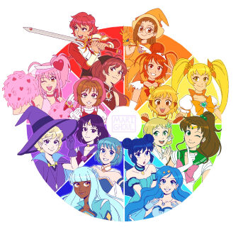 Rule 34 | 6+girls, artist name, bishoujo senshi sailor moon, blonde hair, blue hair, brown hair, cardcaptor sakura, character request, color wheel challenge, commentary, copyright request, english commentary, highres, hino akane (precure), kinomoto sakura, magical girl, mahou shoujo madoka magica, mahou shoujo madoka magica (anime), marighoul, miki sayaka, miki sayaka (magical girl), multiple drawing challenge, multiple girls, pink hair, precure, purple hair, rainbow order, red hair, sailor jupiter, sailor saturn, sakura kyoko, sakura kyoko (magical girl), simple background, smile precure!, sword, trait connection, weapon, white background