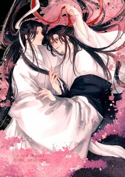 Rule 34 | 2boys, aki uzuzame, alternate costume, bishounen, black coat, black hair, cherry blossoms, chinese clothes, closed mouth, coat, commentary request, couple, eye contact, falling petals, floating hair, flower, grey eyes, hair down, hair ribbon, half updo, hand up, hanfu, headband, highres, holding, holding another's hair, holding ribbon, hug, lan wangji, light particles, long hair, long sleeves, looking at another, male focus, modao zushi, multiple boys, off shoulder, official alternate hairstyle, open clothes, open coat, petals, pink flower, ponytail, red ribbon, ribbon, robe, sidelocks, smile, twitter username, very long hair, watermark, wei wuxian, wei wuxian (yiling laozu), white hanfu, white headband, white ribbon, wide sleeves, yaoi, yellow eyes