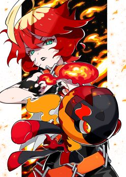 Rule 34 | 1girl, absurdres, ahoge, black gloves, black lips, blonde hair, blue eyes, charcadet, fingerless gloves, fire, freckles, futoumeido, gloves, hair between eyes, highres, jewelry, looking at viewer, mela (pokemon), nintendo, pokemon, pokemon (creature), pokemon sv, red hair, ring, short hair