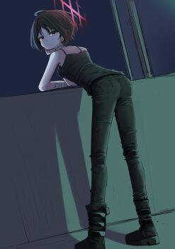 1girl absurdres ass bandaged_arm bandaged_neck bandages bent_over black_boots black_camisole black_hair black_pants blue_archive boots camisole commentary_request coralreef966 from_behind halo highres long_legs looking_at_viewer looking_back misaki_(blue_archive) on_windowsill pants red_eyes red_halo short_hair solo