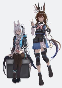 2girls :d amiya_(arknights) amiya_(arknights)_(cosplay) animal_ear_hairband animal_ears anklet arknights arm_up ascot black_boots black_bow black_coat black_crown black_jacket black_pantyhose black_shoes blue_archive blue_eyes blue_jacket blue_skirt blush boots bow box brown_hair bulletproof_vest burnt_clothes cellphone choker civilight_eterna closed_eyes closed_mouth clov3r coat cosplay costume_switch crown dress ear_through_crown fake_animal_ears feet_up floating_crown full_body gloves hair_between_eyes hair_bow hairband highres holding holding_phone infection_monitor_(arknights) jacket jewelry knee_pads leg_up long_hair long_sleeves looking_at_viewer low_ponytail miyako_(blue_archive) miyako_(blue_archive)_(cosplay) multiple_girls multiple_rings neckerchief no_halo official_alternate_costume one_side_up open_mouth pantyhose phone pink_neckerchief ponytail rabbit_ear_hairband rabbit_ears rabbit_girl rhodes_island_logo_(arknights) rhodes_island_uniform ring sailor_collar shoes sidelocks simple_background skirt sleeping sleeves_past_wrists smartphone smile standing thick_thighs thighs turtleneck very_long_hair w white_ascot white_dress white_hairband white_sailor_collar white_skirt white_sleeves
