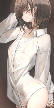 1girl arm_strap bikini bikini_under_clothes black_bikini black_choker black_hair blunt_bangs bob_cut breasts brown_eyes choker genek highres inverted_bob navel original see-through_clothes see-through_shirt shirt short_hair small_breasts solo swimsuit thigh_strap white_shirt