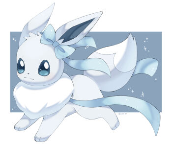 Rule 34 | alternate color, animal focus, artist name, blue background, blue bow, blue eyes, blue ribbon, border, bow, closed mouth, commentary request, eevee, gen 1 pokemon, highres, iwasi 29, nintendo, no humans, outside border, pokemon, pokemon (creature), ribbon, shiny pokemon, smile, tail, twitter username, white border, white fur