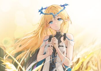 Rule 34 | 1girl, absurdres, bare shoulders, black collar, black dress, blonde hair, blue eyes, cartethyia (wuthering waves), collar, commentary request, dress, hakugyokurou no oojou-sama, highres, jewelry, long hair, looking at viewer, necklace, parted bangs, parted lips, pointy ears, solo, tabard, tacet mark (wuthering waves), upper body, white tabard, wuthering waves