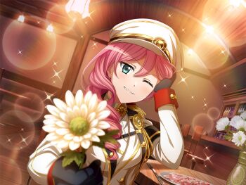 Rule 34 | 1girl, aqua eyes, black gloves, drill hair, flower, flower request, food, fork, game cg, gloves, hand on own cheek, hand on own face, hat, holding, holding flower, indoors, jacket, long hair, long sleeves, looking at viewer, official art, one eye closed, peaked cap, pink hair, plate, shoujo kageki revue starlight, shoujo kageki revue starlight -re live-, smile, solo, tsuruhime yachiyo, upper body, vase, white hat, white jacket