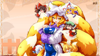 6+girls absurdres animal_ear_fluff animal_ears biting blonde_hair blue_tabard blush bow breasts brown_hair cat_ears cat_tail chen chibi closed_eyes commentary_request dress earrings fang fluffy fox_ears fox_girl fox_tail frilled_bow frilled_dress frills green_ribbon hair_bow hair_tubes hakurei_reimu hat hat_ribbon heart highres horn_ornament horn_ribbon horns jewelry kazami_karasu kudamaki_tsukasa large_breasts long_hair long_sleeves looking_at_another mob_cap multiple_girls multiple_hair_bows multiple_tails pointy_ears purple_dress purple_eyes red_bow red_dress red_eyes red_horns red_ribbon ribbon sharp_teeth sheep_horns skin_fang tabard tail teeth touhou toutetsu_yuuma white_hat wide_sleeves yakumo_ran yakumo_yukari yellow_eyes