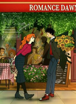 Rule 34 | 4boys, 5girls, black hair, blush, bouquet, cafe, chocolate, couple, crying, flower, itstheenami, jacket, koala (one piece), long hair, monkey d. luffy, multiple boys, multiple girls, nami (one piece), nefertari vivi, nico robin, one piece, orange hair, ponytail, portgas d. ace, sabo (one piece), sanji (one piece), scar, shoes, short hair, skirt, smile, spying, sunflower, valentine, valentine chocolate, yamato (one piece)