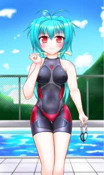 1girl bad_anatomy blue_hair blue_sky blush cloud competition_swimsuit cyborg day female_focus fence goggles hair_ribbon highres hill one-piece_swimsuit original pool quality red_eyes ribbon sky smile solo swimsuit takahiiro twintails unitard unworn_goggles