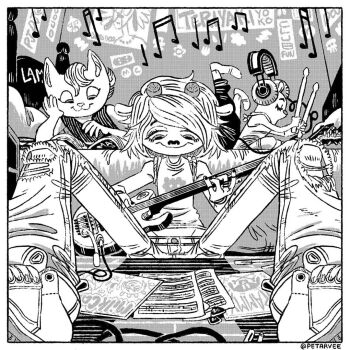3girls artist_name black_nails black_shirt blonde_hair cat_girl closed_eyes denim drumsticks english_text eyelashes furry guitar headphones holding holding_drumsticks holding_guitar holding_instrument horns indoors instrument jeans katy_kat lammy_(um_jammer_lammy) looking_down lying ma-san medium_hair monochrome mouse_girl multiple_girls musical_note on_bed on_stomach pants parappa_the_rapper petarvee reading sheep_girl sheet_music shirt shoes sitting smile sneakers spread_legs torn_clothes torn_jeans torn_pants um_jammer_lammy white_shirt