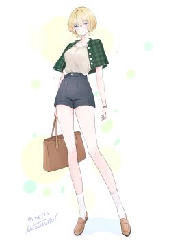 Rule 34 | 1girl, bag, bare legs, blonde hair, blue eyes, breasts, brown bag, brown shirt, brown shoes, closed mouth, collarbone, commentary request, commission, cropped jacket, denim, denim shorts, expressionless, fingernails, full body, handbag, high-waist shorts, highres, holding, holding bag, jacket, livetarica, loafers, long legs, medium breasts, original, plaid clothes, plaid jacket, polka dot, polka dot background, shirt, shirt tucked in, shoes, shorts, signature, simple background, skeb commission, socks, solo, tall female, thighs, watch, white background, white socks