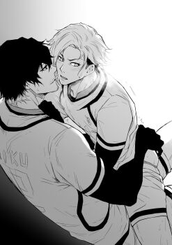 2boys anal_fingering ass blue_lock chuma_a_a closed_mouth clothes_pull fingering greyscale highres light_blush looking_at_another male_focus male_penetrated monochrome multiple_boys oliver_aiku open_mouth pants pants_pull sendou_shuuto short_hair simple_background soccer_uniform sportswear straddling teeth upright_straddle yaoi