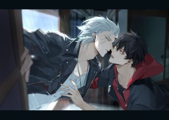 2boys aohitsugi_samatoki aohitsugi_samatoki_(tdd_era) black_hair black_jacket blood blood_on_clothes blurry chinese_commentary closed_eyes collarbone depth_of_field door ear_piercing earrings green_eyes grey_hair hair_between_eyes heterochromia highres hood hood_down hoodie hypnosis_mic imminent_kiss indoors injury jacket jewelry letterboxed looking_at_another male_focus maosanmu mole mole_under_eye multiple_boys necklace open_clothes open_door open_jacket open_mouth parted_lips piercing profile rain red_eyes red_hoodie shirt short_hair torn_clothes upper_body water_drop wet wet_hair white_hair white_shirt window yamada_ichiro yamada_ichiro_(tdd_era) yaoi