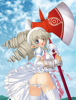 00s 1girl :o accidental_exposure aokihoshi armor armored_dress ass axe blonde_hair blue_eyes blush day dress drill_hair dwarf earrings embarrassed female_focus gauntlets gloves huge_weapon iron_princess_ymir jewelry loli long_hair looking_back panties panty_pull pointy_ears queen&#039;s_blade side-tie_panties sky solo thighhighs underwear untied_panties upskirt wardrobe_malfunction weapon white_panties white_thighhighs ymir_(queen&#039;s_blade)