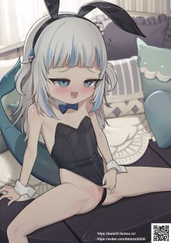 absurdres animal_ears blue_borscht blue_eyes blush bow bowtie cleft_of_venus clothing_aside detached_collar fake_animal_ears fake_rabbit_ears fanbox_username fins fish_tail flat_chest gawr_gura grey_hair highres hololive hololive_english leotard leotard_aside loli playboy_bunny pussy qr_code rabbit_ears shark_girl shark_tail spread_legs tagme tail teasing twitter_username virtual_youtuber watermark web_address wrist_cuffs