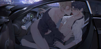 2boys absurdres ass bad_id bad_pixiv_id bishounen black_hair blonde_hair blue_eyes brown_eyes car_interior chinese_commentary commentary_request condom condom_wrapper dio_brando eye_contact grey_pants highres ibex jojo_no_kimyou_na_bouken jonathan_joestar looking_at_another male_focus mouth_hold multiple_boys open_clothes open_shirt pants phantom_blood photoshop_(medium) steering_wheel yaoi