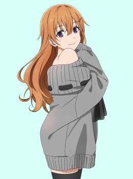 1girl bare_shoulders black_thighhighs blue_background brown_hair commentary_request dress from_side grey_dress grey_sweater hair_between_eyes hair_ornament hairclip highres konoe_kanata looking_at_viewer love_live! love_live!_nijigasaki_high_school_idol_club off-shoulder_dress off-shoulder_sweater off_shoulder purple_eyes sano_keiichi simple_background solo sweater sweater_dress thighhighs zettai_ryouiki