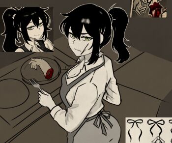 1girl apron black_hair blood bone commentary cooking derivative_work english_commentary fork green_eyes grey_pants guro holding holding_fork holding_pan looking_at_viewer marziafemboy pants ponytail renee_graves screenshot_redraw severed_hand shirt standing the_coffin_of_andy_and_leyley white_shirt