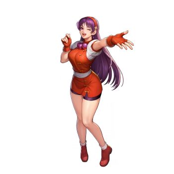 Rule 34 | 1girl, asamiya athena, bike shorts, breasts, chinese clothes, clenched hand, fingerless gloves, gloves, hairband, highres, jewelry, large breasts, legs, looking at viewer, necklace, official art, one eye closed, open mouth, outstretched arm, pink lips, purple eyes, purple hair, skirt, snk, solo, teeth, the king of fighters, the king of fighters afk, thighs, tongue, wink