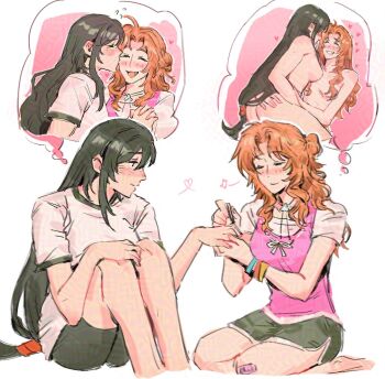 2girls aerith_gainsborough alternate_costume bandaid bandaid_on_knee bandaid_on_leg bangle black_hair black_shorts blush bracelet breasts brown_hair camisole choker closed_eyes completely_nude final_fantasy final_fantasy_vii flower_choker grin hair_between_eyes holding_hands hugging_own_legs image_in_thought_bubble interlocked_fingers jeremr jewelry kiss kissing_cheek kneeling light_smile long_hair low-tied_long_hair medium_breasts multiple_girls nude open_mouth parted_bangs pink_camisole shirt shirt_under_shirt short_sleeves shorts sidelocks smile teeth tifa_lockhart updo white_background white_shirt yuri